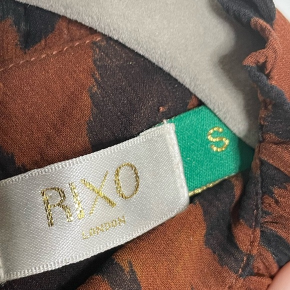 RIXO Victoria Brown Animal Print High Neck Silk Ruffle Blouse. Size Small - Picture 10 of 11